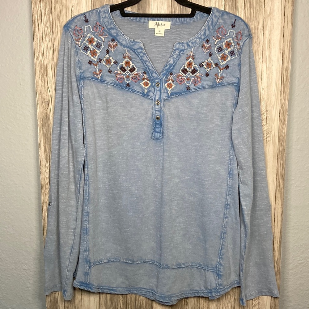 Style & Co Women's Long Sleeve Embroidered Top - Size Medium